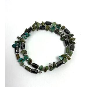 Turquoise Chip And Hematite Bead Bracelet Memory Wire Bangle